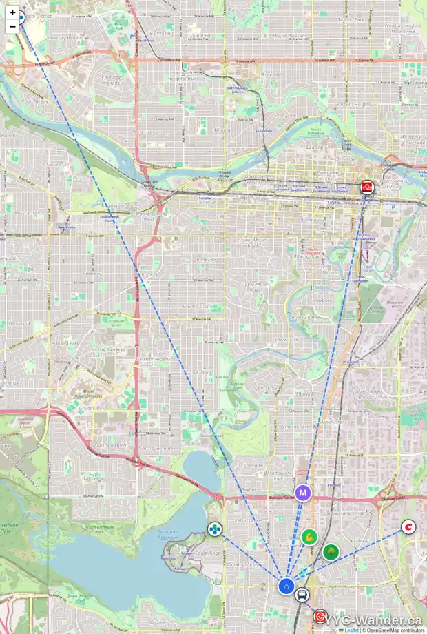 Daily accessibility map for 8256 5 ST SW, Calgary showing nearby schools, grocery stores, parks, LRT stations and nearby amenities