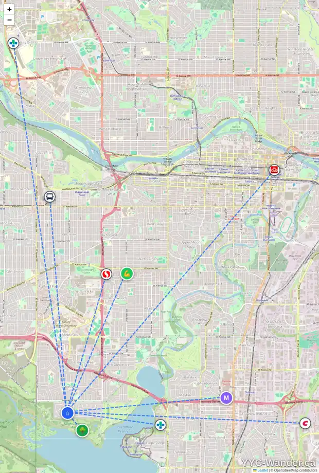 Daily accessibility map for 6801 LOWELL CO SW, Calgary showing nearby schools, grocery stores, parks, LRT stations and nearby amenities