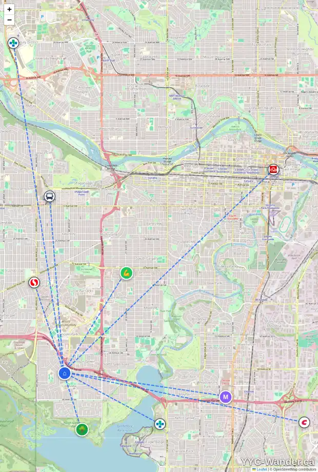 Daily accessibility map for 3432 LANE CR SW, Calgary showing nearby schools, grocery stores, parks, LRT stations and nearby amenities