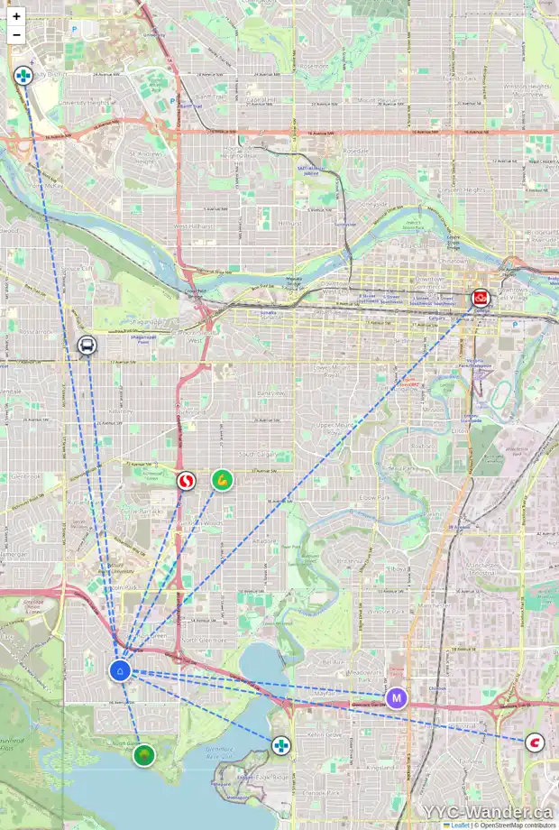 Daily accessibility map for 3216 LANCASTER WY SW, Calgary showing nearby schools, grocery stores, parks, LRT stations and nearby amenities