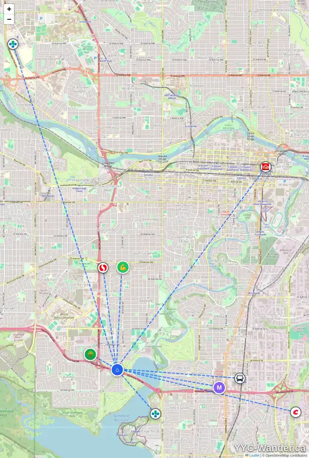 Daily accessibility map for 2224 LANGRIVILLE DR SW, Calgary showing nearby schools, grocery stores, parks, LRT stations and nearby amenities