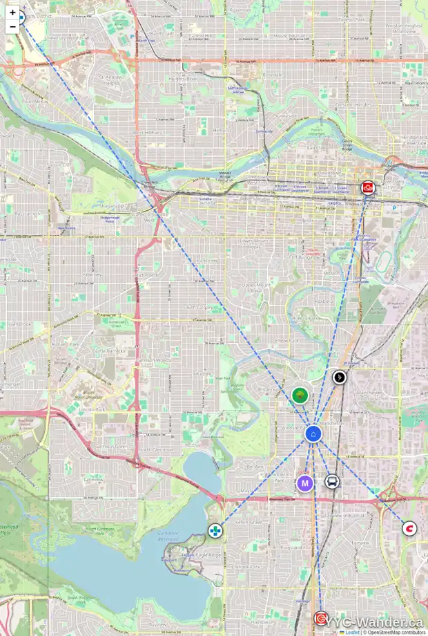 Daily accessibility map for 5433 4 ST SW, Calgary showing nearby schools, grocery stores, parks, LRT stations and nearby amenities