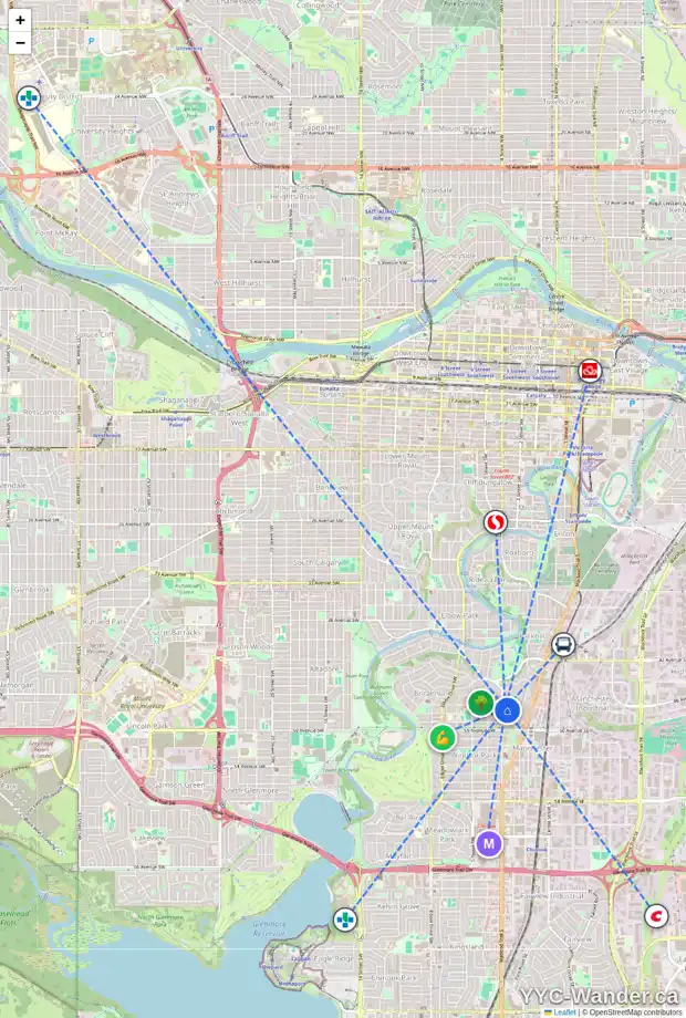 Daily accessibility map for 351 47 AV SW, Calgary showing nearby schools, grocery stores, parks, LRT stations and nearby amenities