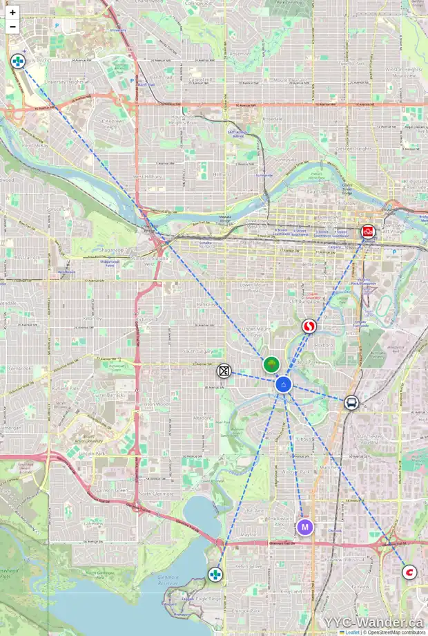 Daily accessibility map for 3819 6 ST SW, Calgary showing nearby schools, grocery stores, parks, LRT stations and nearby amenities