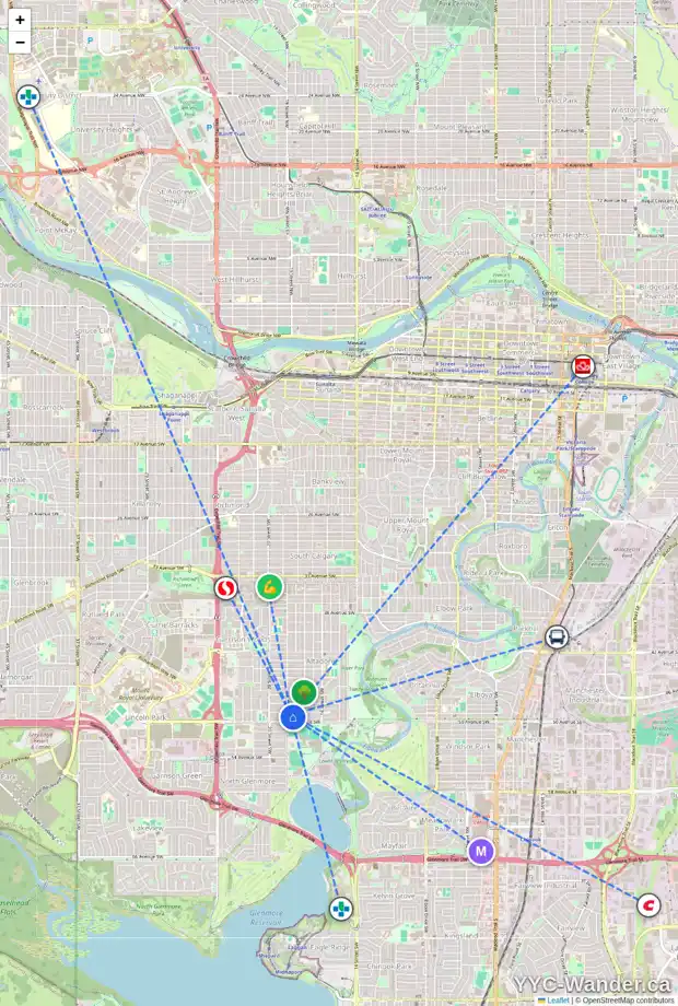 Daily accessibility map for 1939 49 AV SW, Calgary showing nearby schools, grocery stores, parks, LRT stations and nearby amenities