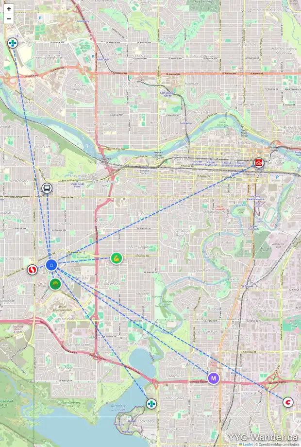 Daily accessibility map for 3608 33 ST SW, Calgary showing nearby schools, grocery stores, parks, LRT stations and nearby amenities