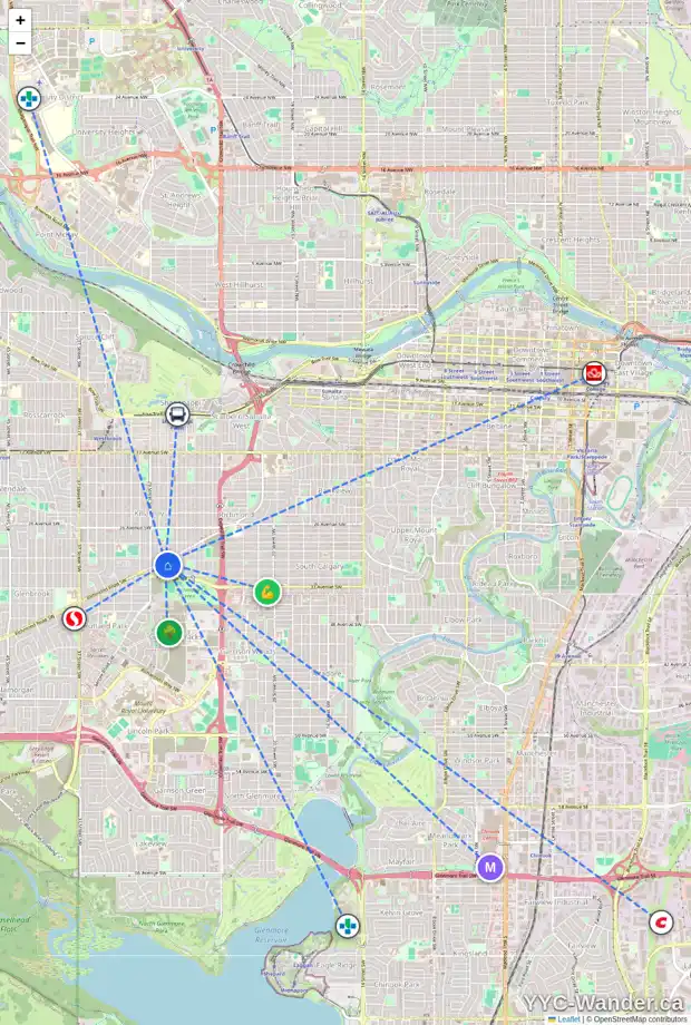 Daily accessibility map for 3203 27 ST SW, Calgary showing nearby schools, grocery stores, parks, LRT stations and nearby amenities
