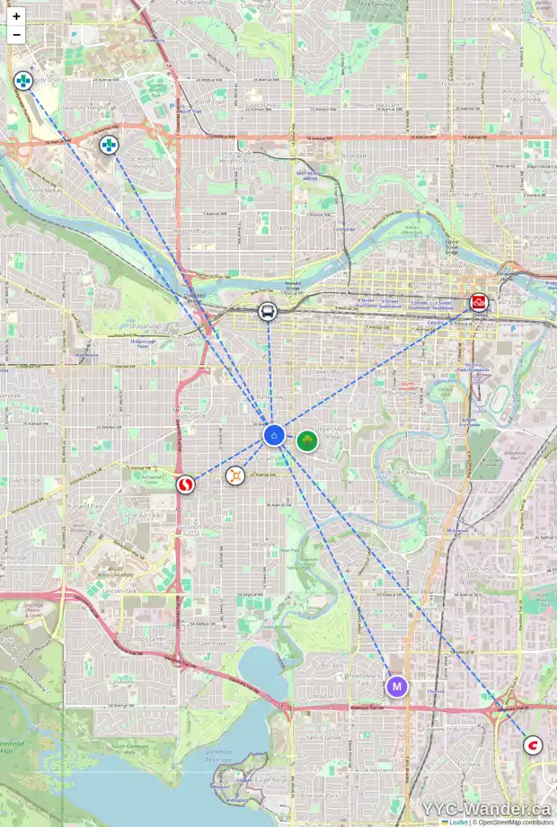 Daily accessibility map for 1631 27 AV SW, Calgary showing nearby schools, grocery stores, parks, LRT stations and nearby amenities
