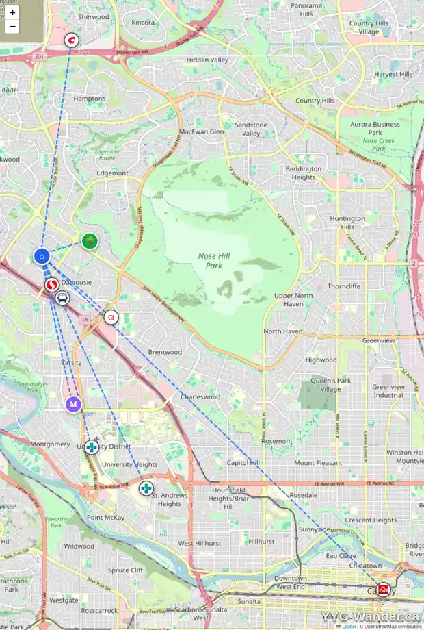Daily accessibility map for 5640 DALRYMPLE HL NW, Calgary showing nearby schools, grocery stores, parks, LRT stations and nearby amenities