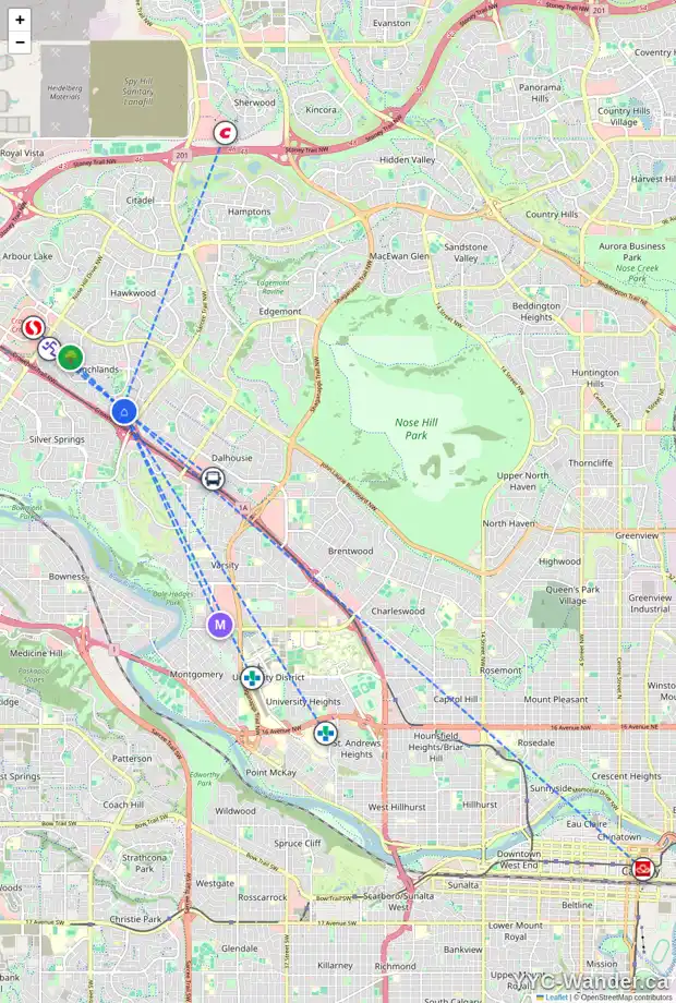 Daily accessibility map for 6424 RANCHVIEW DR NW, Calgary showing nearby schools, grocery stores, parks, LRT stations and nearby amenities