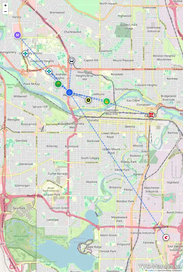 Daily accessibility map for 2436 4 AV NW, Calgary showing nearby schools, grocery stores, parks, LRT stations and nearby amenities