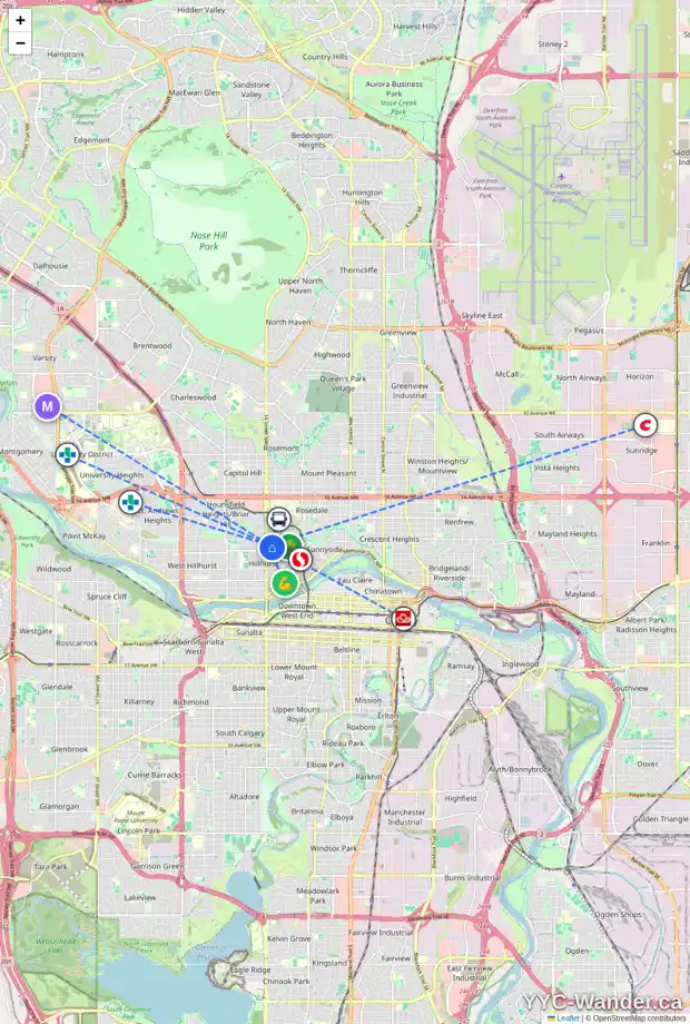 Daily accessibility map for 138 1421 7 AV NW, Calgary showing nearby schools, grocery stores, parks, LRT stations and nearby amenities
