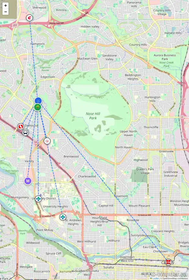 Daily accessibility map for 192 EDGEMONT ESTATES DR NW, Calgary showing nearby schools, grocery stores, parks, LRT stations and nearby amenities