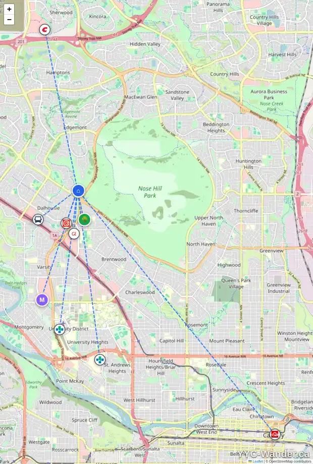 Daily accessibility map for 1040 EDGEMONT RD NW, Calgary showing nearby schools, grocery stores, parks, LRT stations and nearby amenities