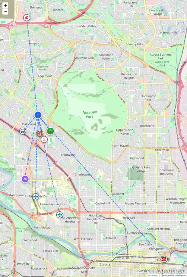Daily accessibility map for 36 DALZELL PL NW, Calgary showing nearby schools, grocery stores, parks, LRT stations and nearby amenities