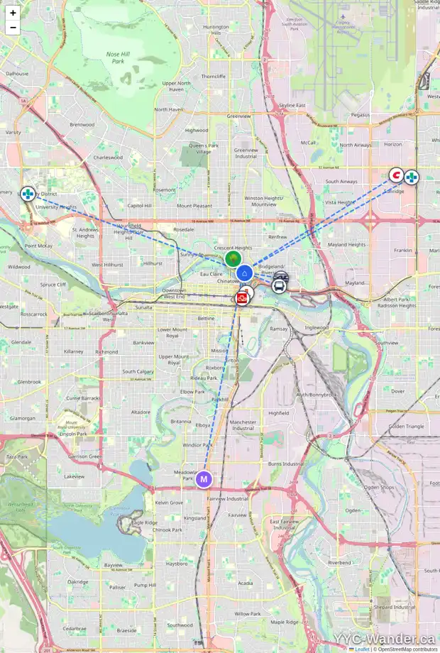 Daily accessibility map for 710 300 MEREDITH RD NE, Calgary showing nearby schools, grocery stores, parks, LRT stations and nearby amenities
