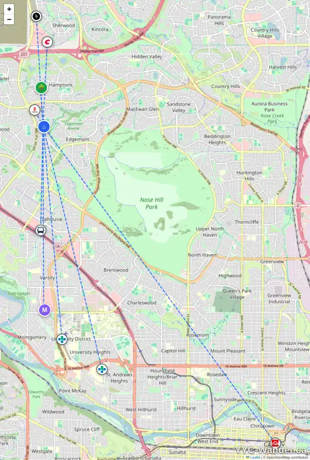 Daily accessibility map for 11 EDGEPARK RI NW, Calgary showing nearby schools, grocery stores, parks, LRT stations and nearby amenities