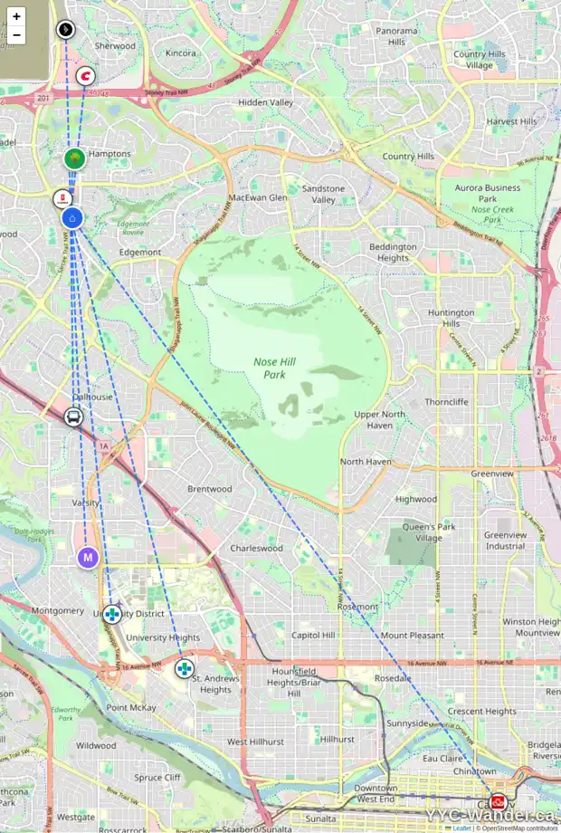 Daily accessibility map for 15 EDGEBURN CR NW, Calgary showing nearby schools, grocery stores, parks, LRT stations and nearby amenities