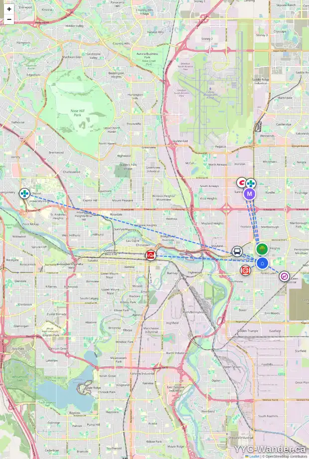 Daily accessibility map for 1135 40 ST SE, Calgary showing nearby schools, grocery stores, parks, LRT stations and nearby amenities