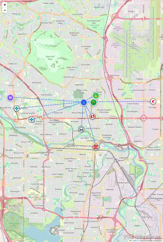 Daily accessibility map for 502 29 AV NW, Calgary showing nearby schools, grocery stores, parks, LRT stations and nearby amenities
