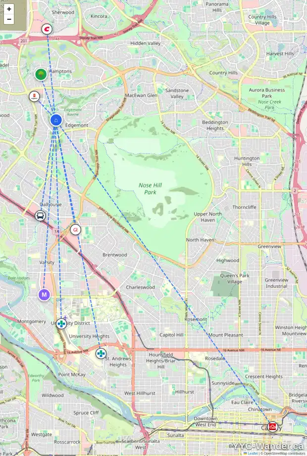Daily accessibility map for 224 EDGEVIEW PL NW, Calgary showing nearby schools, grocery stores, parks, LRT stations and nearby amenities