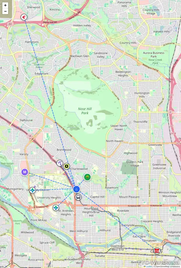 Daily accessibility map for 2433 25 AV NW, Calgary showing nearby schools, grocery stores, parks, LRT stations and nearby amenities
