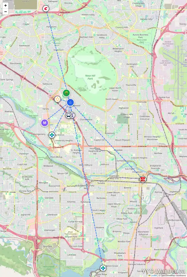 Daily accessibility map for 3204 BREEN RD NW, Calgary showing nearby schools, grocery stores, parks, LRT stations and nearby amenities