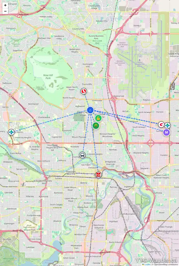 Daily accessibility map for 223 41 AV NW, Calgary showing nearby schools, grocery stores, parks, LRT stations and nearby amenities