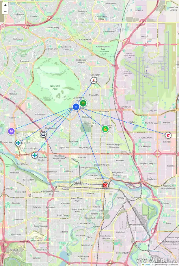 Daily accessibility map for 1203 48 AV NW, Calgary showing nearby schools, grocery stores, parks, LRT stations and nearby amenities