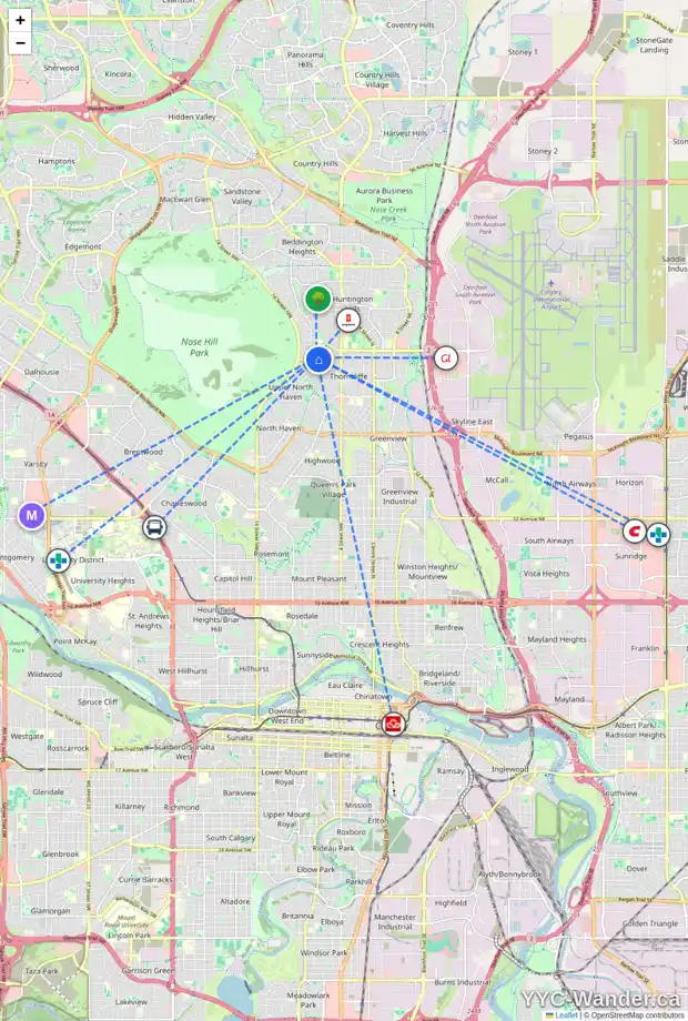 Daily accessibility map for 16 THORNWOOD PL NW, Calgary showing nearby schools, grocery stores, parks, LRT stations and nearby amenities