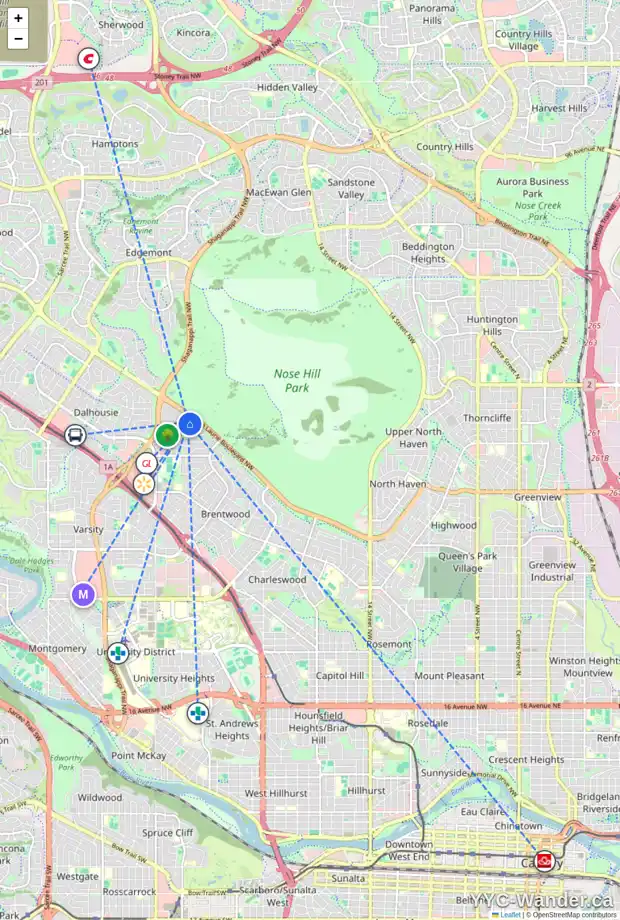 Daily accessibility map for 5654 BRENNER CR NW, Calgary showing nearby schools, grocery stores, parks, LRT stations and nearby amenities