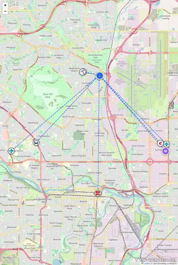 Daily accessibility map for 226 HUNTINGTON CL NE, Calgary showing nearby schools, grocery stores, parks, LRT stations and nearby amenities