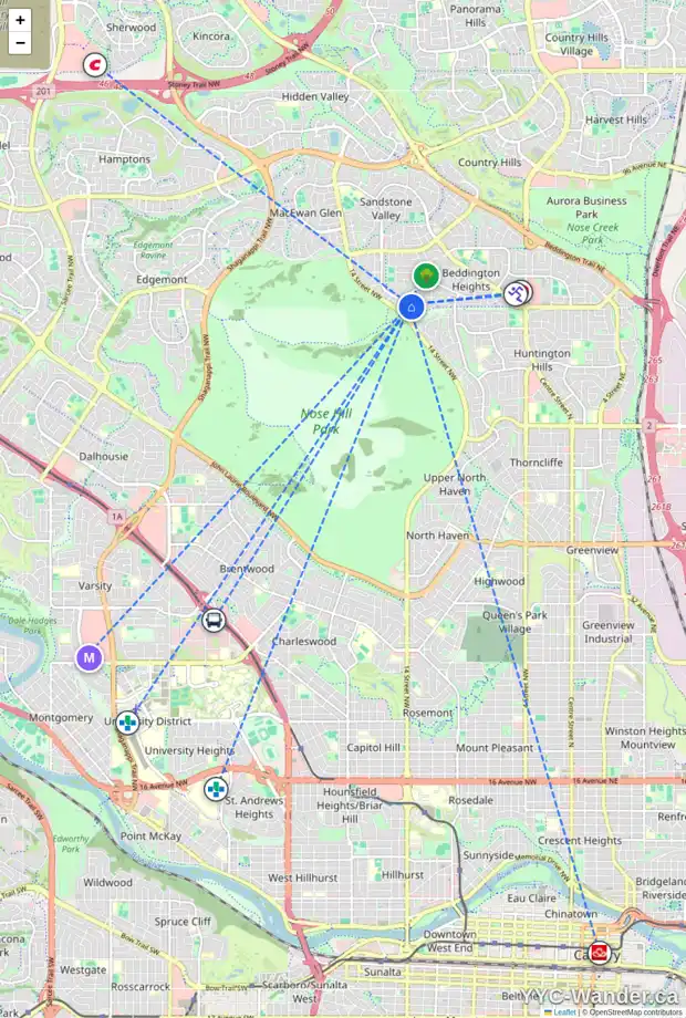 Daily accessibility map for 8111 13 ST NW, Calgary showing nearby schools, grocery stores, parks, LRT stations and nearby amenities