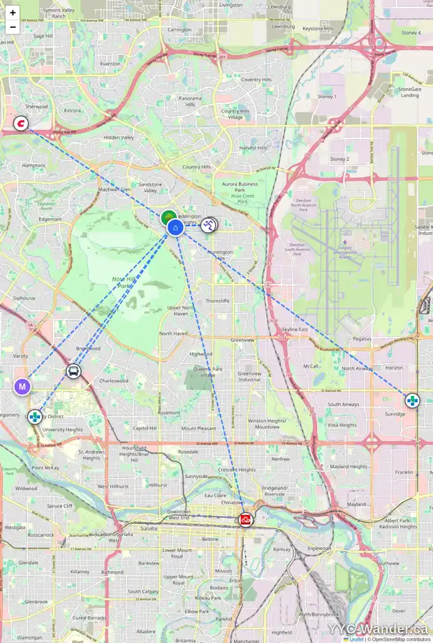 Daily accessibility map for 127 BERMONDSEY RI NW, Calgary showing nearby schools, grocery stores, parks, LRT stations and nearby amenities