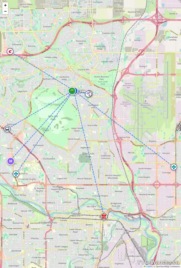 Daily accessibility map for 33 BERWICK RI NW, Calgary showing nearby schools, grocery stores, parks, LRT stations and nearby amenities