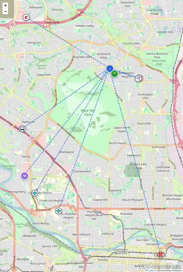 Daily accessibility map for 88 BEARBERRY CR NW, Calgary showing nearby schools, grocery stores, parks, LRT stations and nearby amenities