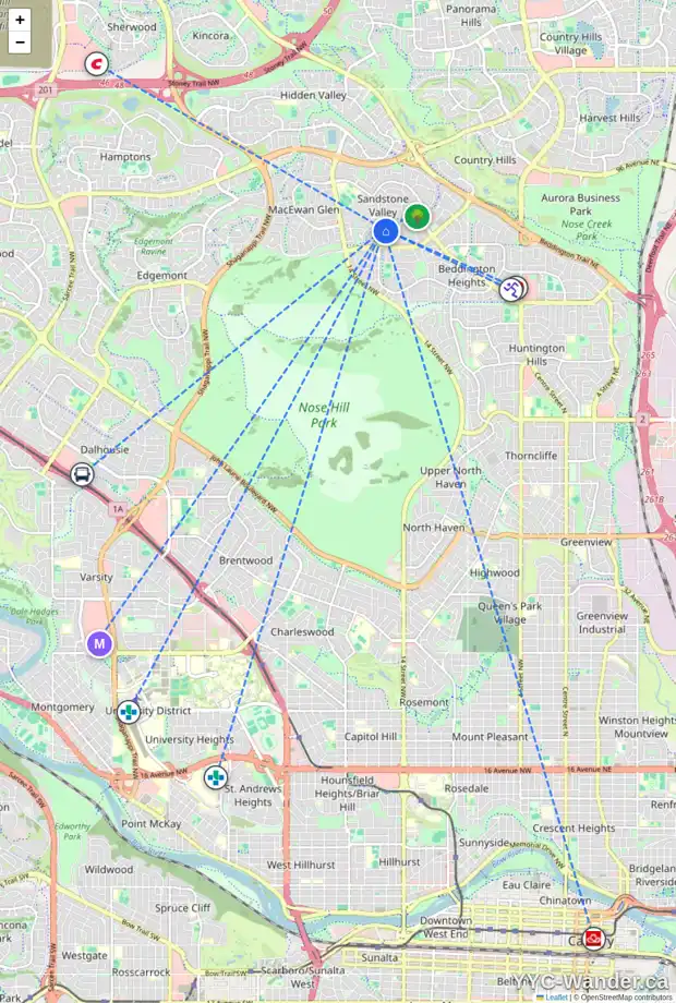 Daily accessibility map for 16 SANDARAC RD NW, Calgary showing nearby schools, grocery stores, parks, LRT stations and nearby amenities