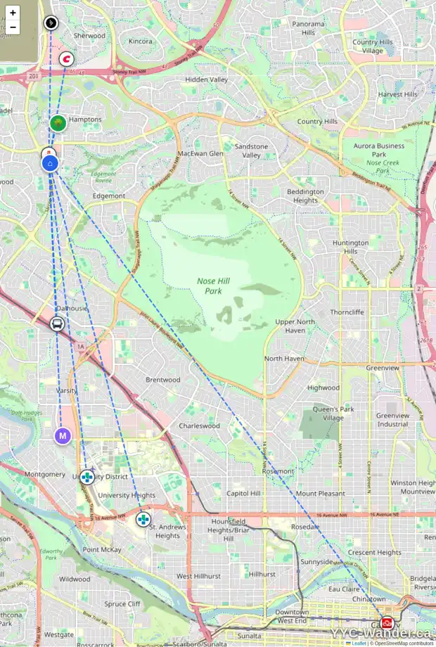 Daily accessibility map for 55 EDGEBURN CR NW, Calgary showing nearby schools, grocery stores, parks, LRT stations and nearby amenities