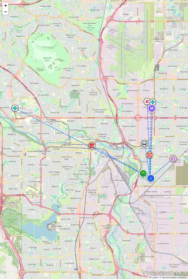 Daily accessibility map for 32 DOVER RIDGE PL SE, Calgary showing nearby schools, grocery stores, parks, LRT stations and nearby amenities