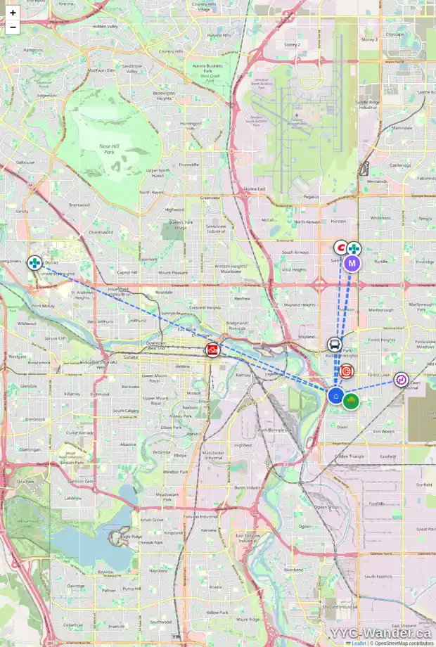 Daily accessibility map for 2518 26 ST SE, Calgary showing nearby schools, grocery stores, parks, LRT stations and nearby amenities