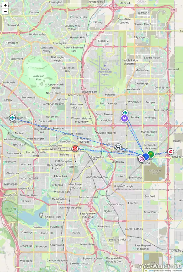 Daily accessibility map for 48 PENSACOLA CL SE, Calgary showing nearby schools, grocery stores, parks, LRT stations and nearby amenities