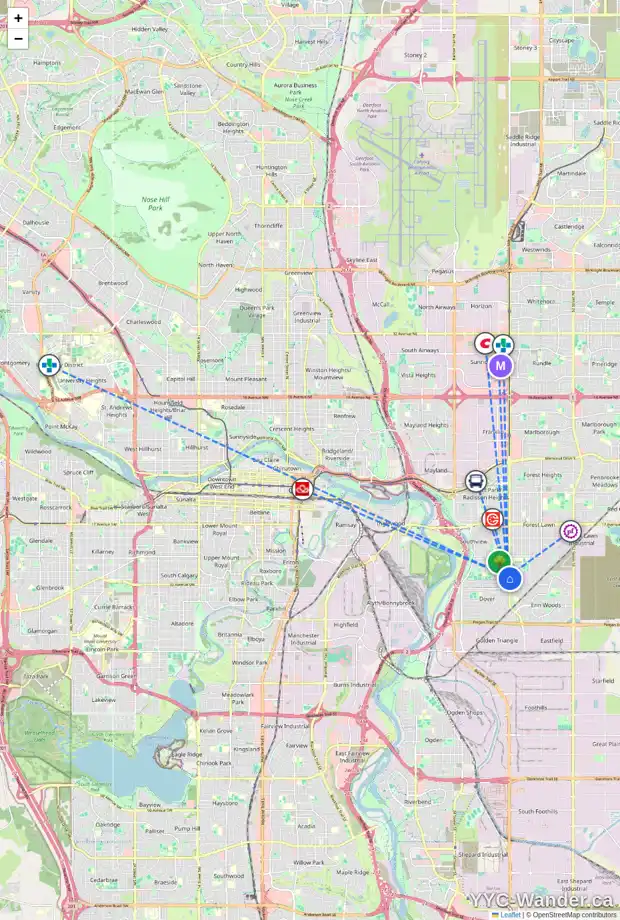 Daily accessibility map for 3477 31A AV SE, Calgary showing nearby schools, grocery stores, parks, LRT stations and nearby amenities