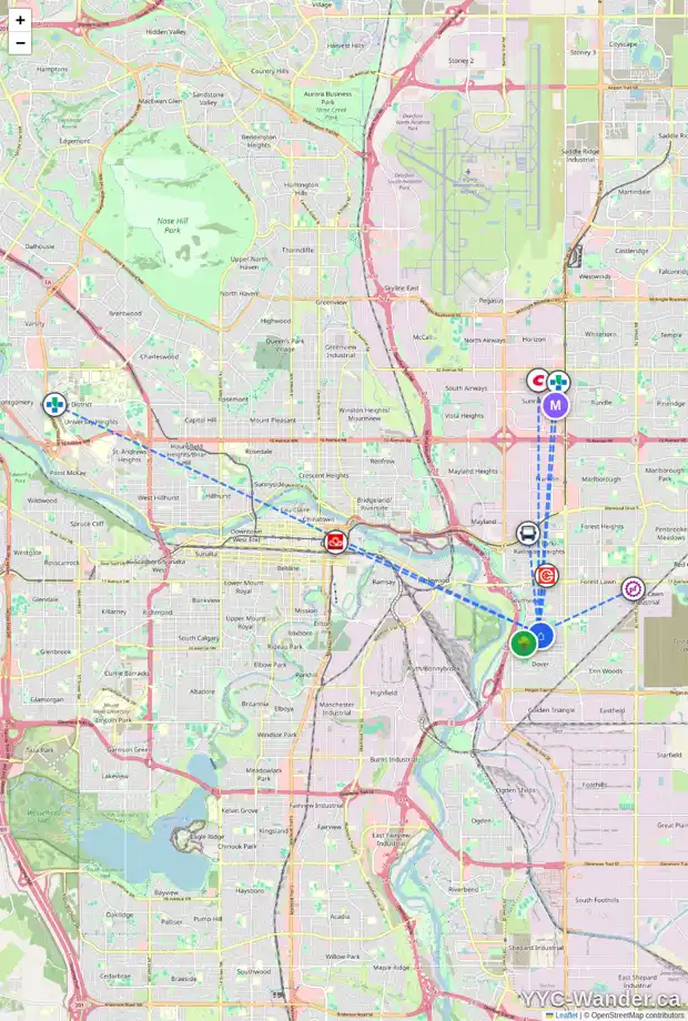 Daily accessibility map for 3004 30 AV SE, Calgary showing nearby schools, grocery stores, parks, LRT stations and nearby amenities