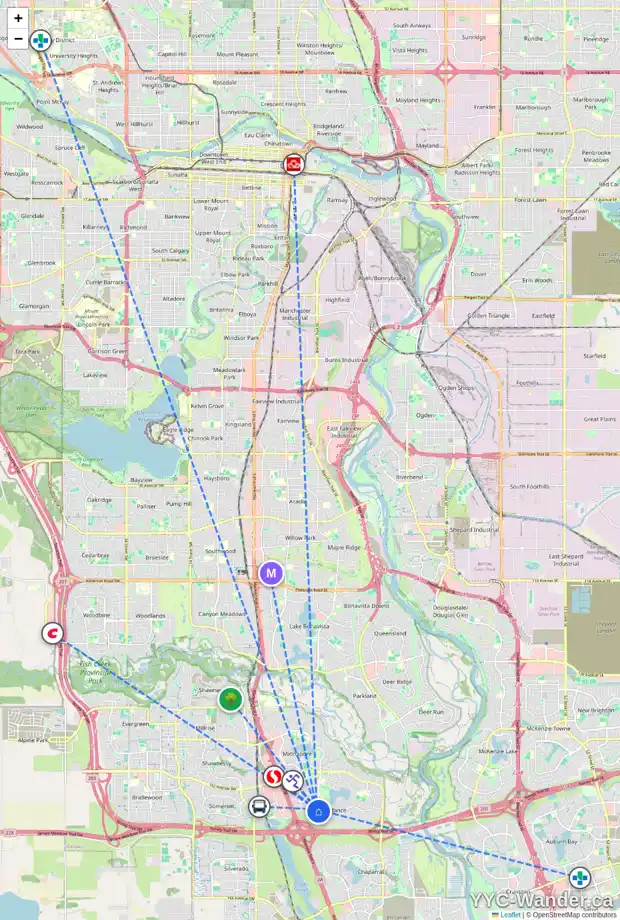 Daily accessibility map for 64 SUNDOWN GR SE, Calgary showing nearby schools, grocery stores, parks, LRT stations and nearby amenities
