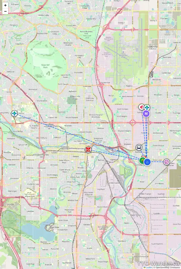 Daily accessibility map for 1816 34 ST SE, Calgary showing nearby schools, grocery stores, parks, LRT stations and nearby amenities