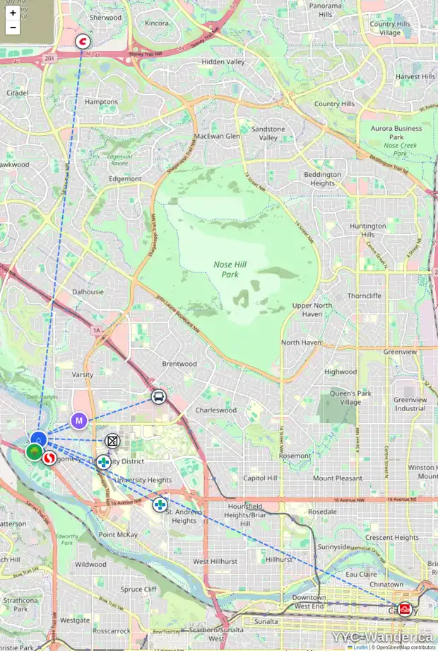 Daily accessibility map for 80 BOW LD NW, Calgary showing nearby schools, grocery stores, parks, LRT stations and nearby amenities