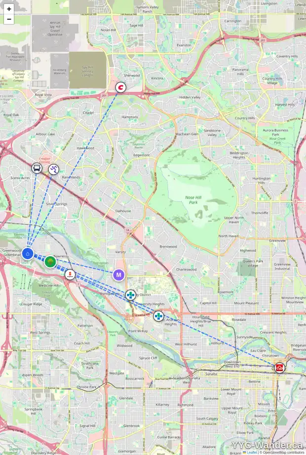 Daily accessibility map for 8619 33 AV NW, Calgary showing nearby schools, grocery stores, parks, LRT stations and nearby amenities