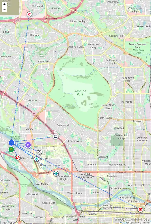 Daily accessibility map for 6024 BOWWATER CR NW, Calgary showing nearby schools, grocery stores, parks, LRT stations and nearby amenities