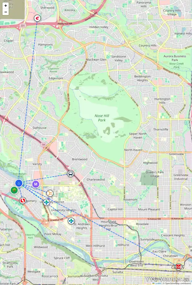 Daily accessibility map for 5915 BOW CR NW, Calgary showing nearby schools, grocery stores, parks, LRT stations and nearby amenities