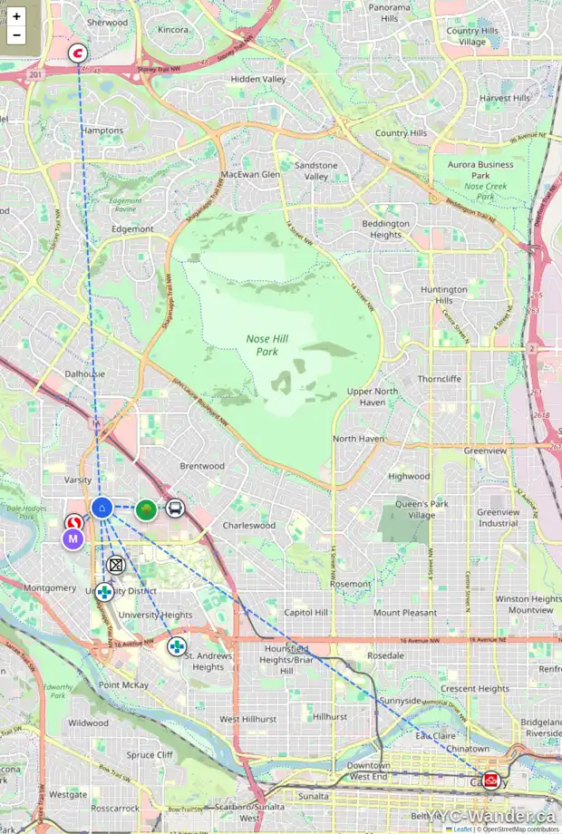 Daily accessibility map for 16 VARBAY PL NW, Calgary showing nearby schools, grocery stores, parks, LRT stations and nearby amenities